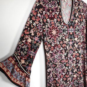 Max Studio Womens S Black Floral Dress 3/4 Bell Sleeve Stretch V-Neck